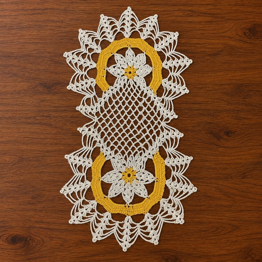 Vintage Handmade Crochet Doily Table Runner Ivory Yellow Floral Lace 16.5x9